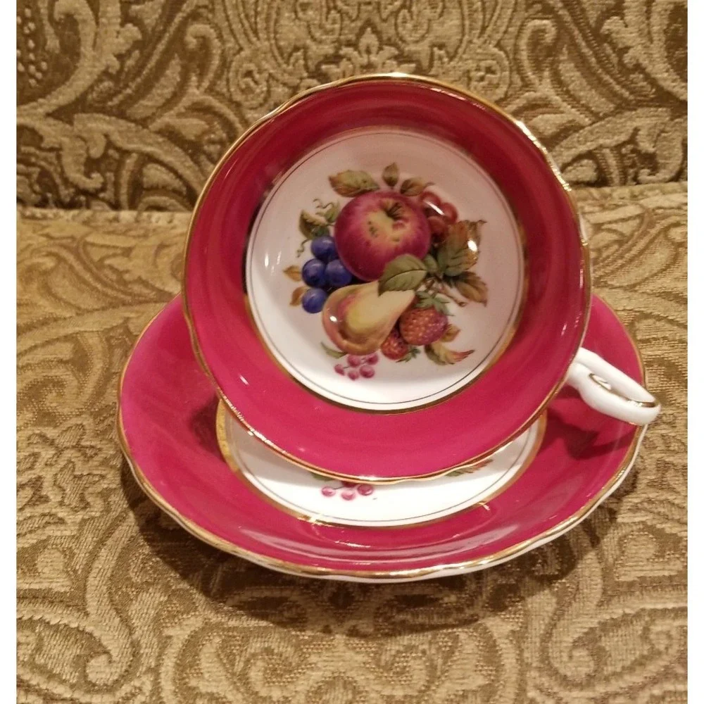 Vintage Windsor Bone China Cup and Saucer With Fruits Deep Pink England